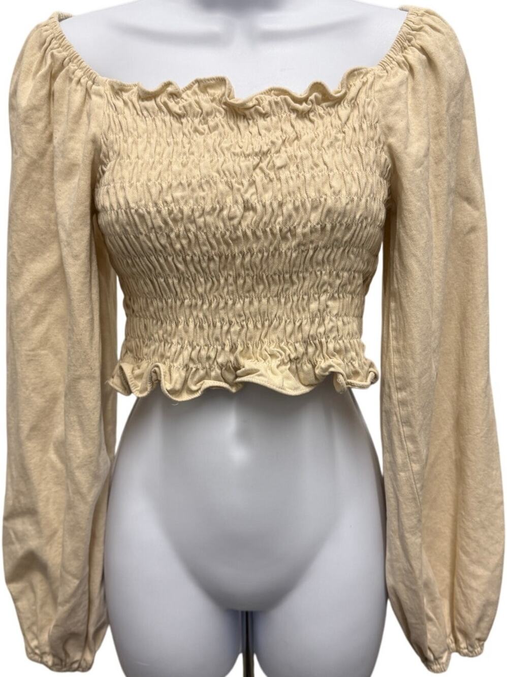 POL WOMENS SZ S CREAM WHITE OFF THE SHOULDER crop shirt top ruched cotton
